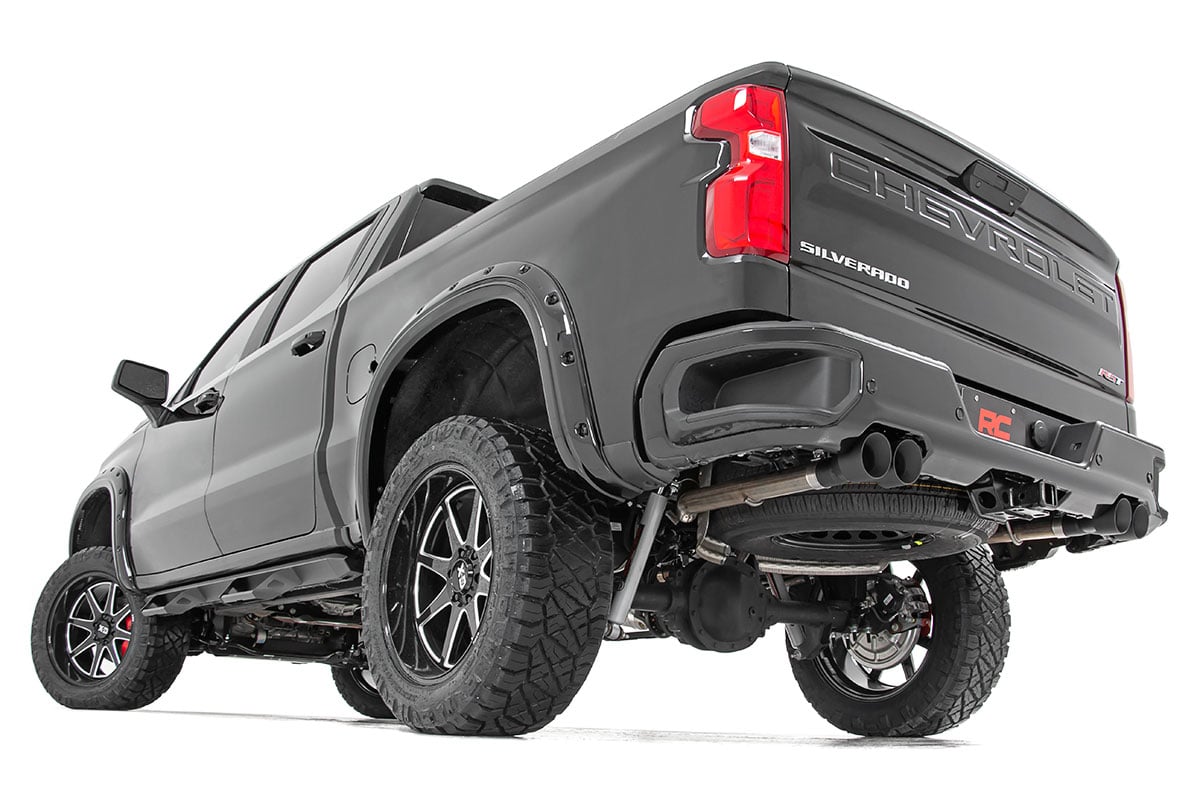 Chevrolet Silverado 1500 Performance Exhaust - Rear - Rough Country - Dual Cat-Back, Stainless, RC Logo Tips - Black - '19-'24
